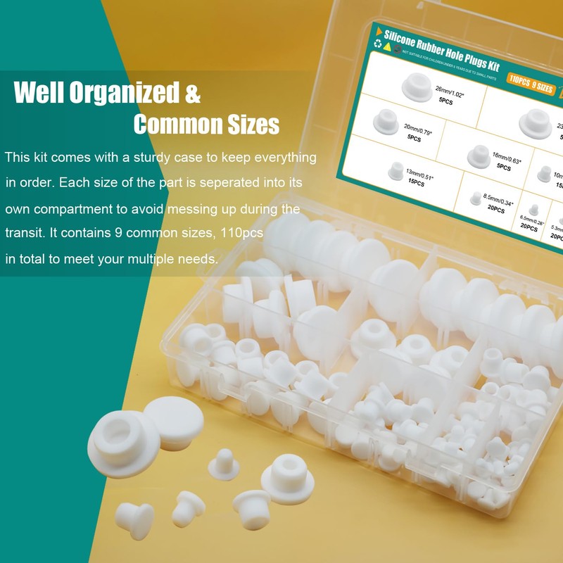 110PCS Silicone Rubber Plugs for Round Holes Assorted Sizes T-Shape
