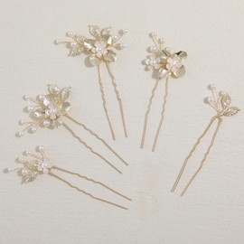 Famihot Hair Accessories, Flower Leaf Motif, Pearl Hairpin Set of 5, U Pin Headdress for Weddings, Weddings, Invitations, Receptions, Graduation Ceremonies, Recitals, Kimono, Handmade Hair Ornaments,