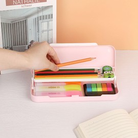 BTSKY Little Duck Double Layers Plastic Pencil Box Cute Pen Box Organizer Plastic Storage Box with Compact Size for Pencils, Erasers, Paper Clips and Other Small Stationery Supplies, Pink
