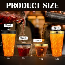 Potchen 60 Pcs Disposable Party Cup Set of 9 oz Rimmed Plastic Cups and 16 oz Disposable Clear Cups Wedding Cups Cocktail Glasses for Birthday Gathering Christmas(Black, Gold)