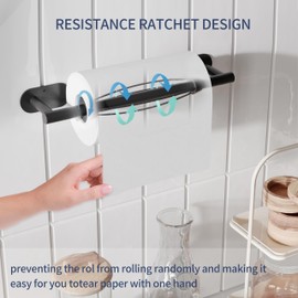 WZRUA Paper Towel Holder Under Cabinet, Single Hand Operable Roll Holder with Damping Effect,Self-Adhesive or Drilled SUS304 Stainless Steel for Kitchen Bathroom,Matte Black