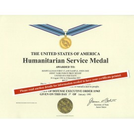 Hermanitarian Service Medal Replacement Certificate Army Navy USAF USMC USCG USS