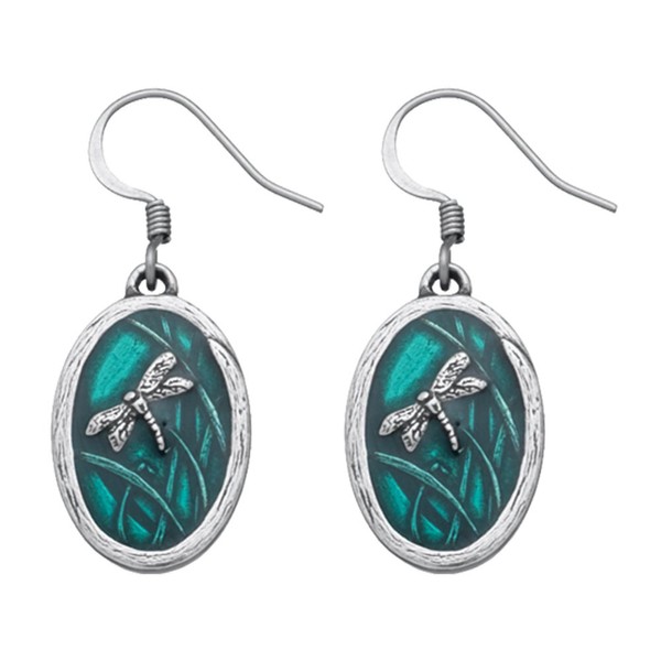 DANFORTH - Dragonfly/Teal Wire Earrings, Fine Pewter Oval Drop Ear