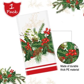 WovWeave 1 Pcs Christmas Plastic Disposable Tablecloth 108 x 54 Inch Holly Berry Ribbon Garland Table Cover Rectangle Christmas Party Table Cloth for Christmas Party Dining Table Supplies