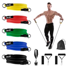 QWORK® 5Pcs Resistance Bands Set, 150LB/68kg Strength, with 2 Foam Handles, 2 Ankle Straps, 1 Door Anchor, for Home Gym Physical Training