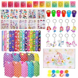 Qcdou Pack of 74 Party Bags Children's Birthday Set, Unicorn Party Bag Mermaid Birthday Decoration Children, Stamp/Tattoos/Exquisite Unicorn Gift Box/Snap Bracelet/Gift Girl/Boy (B)