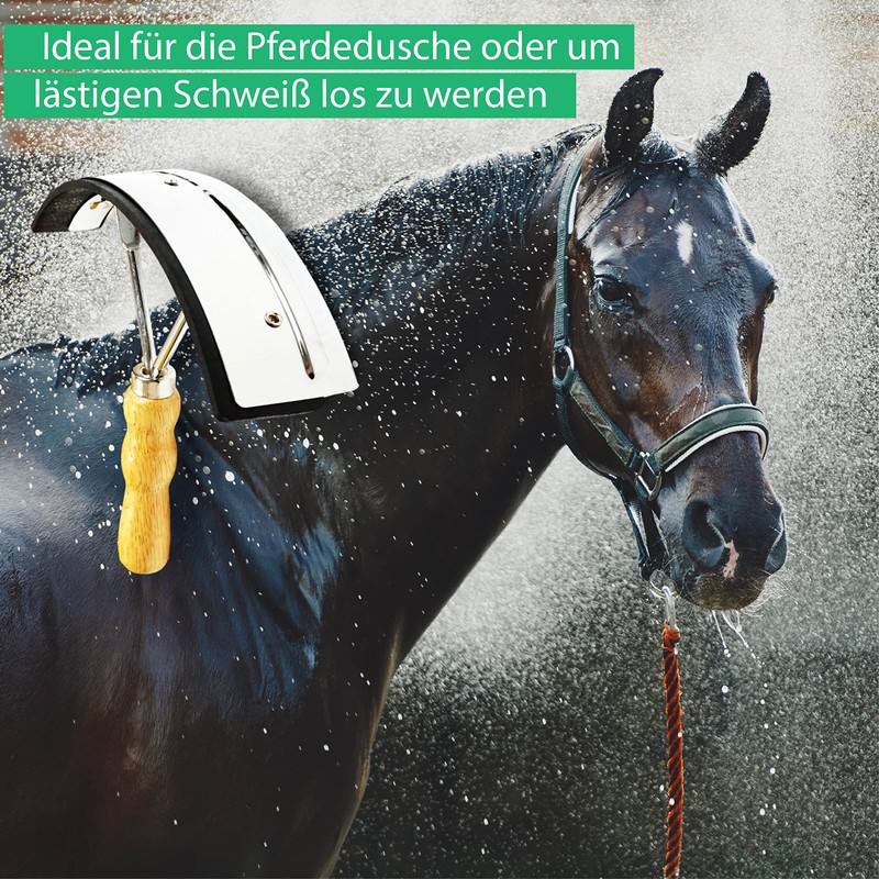 Stainless steel sweat scraper with wooden handle, for horses, donkeys,