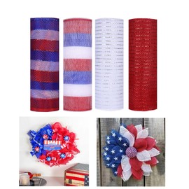 JStnana 4 Rolls Deco Mesh Ribbon for 4th of July Wreath Making Supplies, 10Inch x 30Ft Metallic Burlap Mesh Red White Blue Deco Mesh Rolls for Independence Day Patriotic DIY Crafts Wreaths Decor