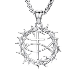 MEIDERBO Crown Of Thorns Necklace 925 Sterling Silver Cross Jesus Fish Pendant Christian Amulet Religious Jewelry Gifts for Women Men