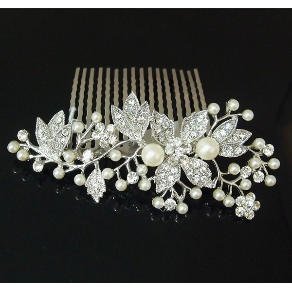 New beautiful elegant wedding bridal hair comb Ivory color pearl and crystal #1 beautyxyz USA seller