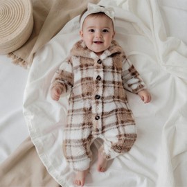 XIXIMAON Infant Baby Fluffy Snowsuit Plaid Butterfly Print Long Sleeve Hooded Romper Newborn Fleece Jumpsuit Boys Girls Bodysuits Winter Warm Clothes (Beige, 3-6 Months)