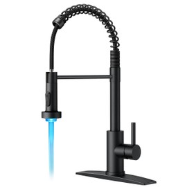 FORIOUS LED Kitchen Faucet with Pull Down Sprayer Black, Modern Single Handle Stainless Steel Commercial Spring Sink Faucet with LED Light for Pot Filler, Farmhouse Camper Bar Laundry Room