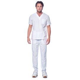 Dagacci Medical Uniform Conjunto de uniforme médico unisex con cuello en V para mujeres y hombres, Blanco, L