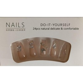 Press On Nails, Pink Natural with Silver Glitter Tips, Long Coffin Shape, 24 Pieces
