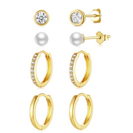 4 Pairs of Stud Earrings Hoop Earrings Silver 925 Small for Women, AAA+ Zirconia Stud Earrings Gold Set, Cartilage Huggie Earrings for Girls Women, Cubic Zirconia, Cubic Zirconia