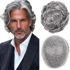 Toupee for Men Human Hair System Piece Ultra Thin Skin Mens Toupee All V Looped Super PU 0.06mm Invisible Hairline Hairpieces for Man Hair Unit Patch Replacement Wigs 1B Off Black with 70% Grey