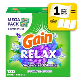 Gain Super Sized Dryer Sheets, Laundry Fabric Softener, Relax, 130 Count