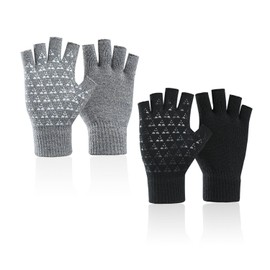 2 Pairs Half Finger Gloves, Winter Warm Gloves, Non-Slip Fingerless Gloves, Elastic Knitted Gloves, Neutral Fingerless Gloves, Suitable for Running, Cycling (Black, Light Grey), Black / Light Grey