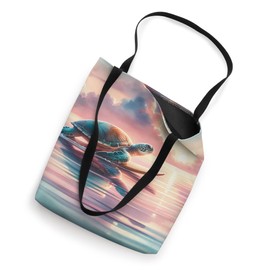 Surfing Turtle On Surfboard At Sunset, Pastel Sky. Calm Sea Tote Bag