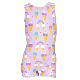 Destira Bear-y Chill Gymnastics Unitard for Girls, Purple Tank Biketard with Bear Ice Cream Cone Design & Matching Scrunchie, Child Medium (8)