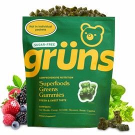 Gruns Adult Sugar-Free Super Greens Gummies - Superfood Gummy Bears with Spirulina, Chlorella, Fiber & Prebiotics for Digestive Health, Adaptogen Supplement with 20 Vitamins & Minerals, 2 Week Supply