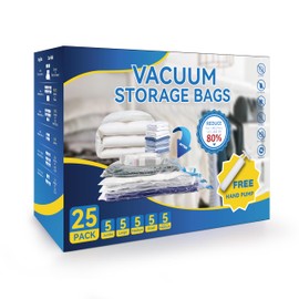 25 Pack Vacuum Storage Bags (5 Jumbo/5 Large/5 Medium/5 Small/5 Roll M) Space Saver Bags, Vacuum Seal Bags with Hand Pump for Comforters, Blankets, Bedding, Pillows and Clothes