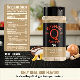 Kosmos Q Texas Beef Dry Rub, Steak Seasoning with Garlic, Onion, Lemon & Savory Spices for Steak, Beef Ribs, Brisket, Burgers, Chuck Roast, Dry Rub for Smoking & Grilling Meat, 13.8 Oz Shaker Bottle