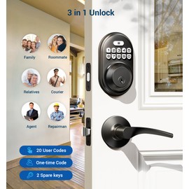 Veise Keyless Entry Door Lock with 2 Lever Handles - Electronic Keypad Deadbolt, Auto Lock, Back Lit & Easy Installation Design, Front Door Handle Sets, Matte Black