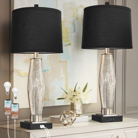 QiMH Table Lamps Set of 2, Bedroom Lamp with USB Charging Ports, Modern Glass Beside Lamps for Living Room Rotary Switches, Black Nightstand Lamp Home Lights Decor (LED Bulbs Included)