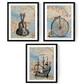 Nacnic Old Travel World Maps. Illustration Set Travel Around the World. Vintage Style Maps of Europe, Spain and Africa. A4 without frame.