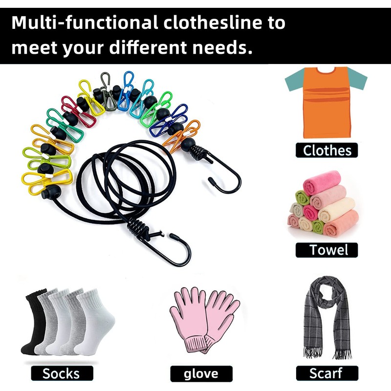 Clothesline，Retractable Portable Clothesline for Travel，Clothing line with 12 Clothes Clips，for