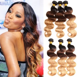 Ombre Human Hair Bundles Ombre Brazilian Hair Body Wave (T1B/4/27.10 12 14 inches) 100% Unprocessed Pure Remy Human Hair Bundles 3-Tone Black to Blonde Human Hair