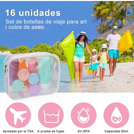 Kit de Viaje Aseo Personal, Set de 16 Travel Essentials, Botellas de Viaje 90ml Avion para Loción/Champú/Acondicionador/Lavado Corporal, Contenedores Reutilizables Anti Fugas, Envases de Silicon