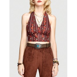 Verdusa Women's Hippie Costume Outfit 70s Halter Top Whimsigoth Backless Crop Tops Sleeveless Disco Tank Shirt Coral Orange Small