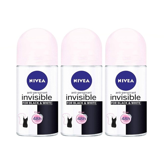 (Pack of 3 Bottles) Nivea INVISIBLE, BLACK & WHITE Women’s Roll-On Antiperspirant & Deodorant. 48-Hour Protection Against Underarm Wetness. (Pack of 3 Bottles, 1.7oz / 50ml Each Bottle)