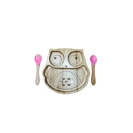 Baby & Toddler Bamboo Suction Plate Set for Feeding and Weaning - Pink Owl Design by Bamboo Gift Company