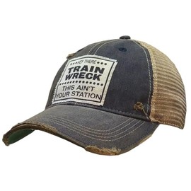VINTAGE LIFE Hey Train Wreck This Ain't Your Station Distressed Trucker Cap, One Size, Navy Blue, Cotton and Polyester, Headgear, Hat, Headwear