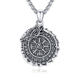 REDSUN Viking Necklace for Men 925 Sterling Silver Viking Odin Vegvisir Chain Nordic Wolf Rune Pendant Viking Amulet Jewellery for Men Women Teens, Sterling Silver
