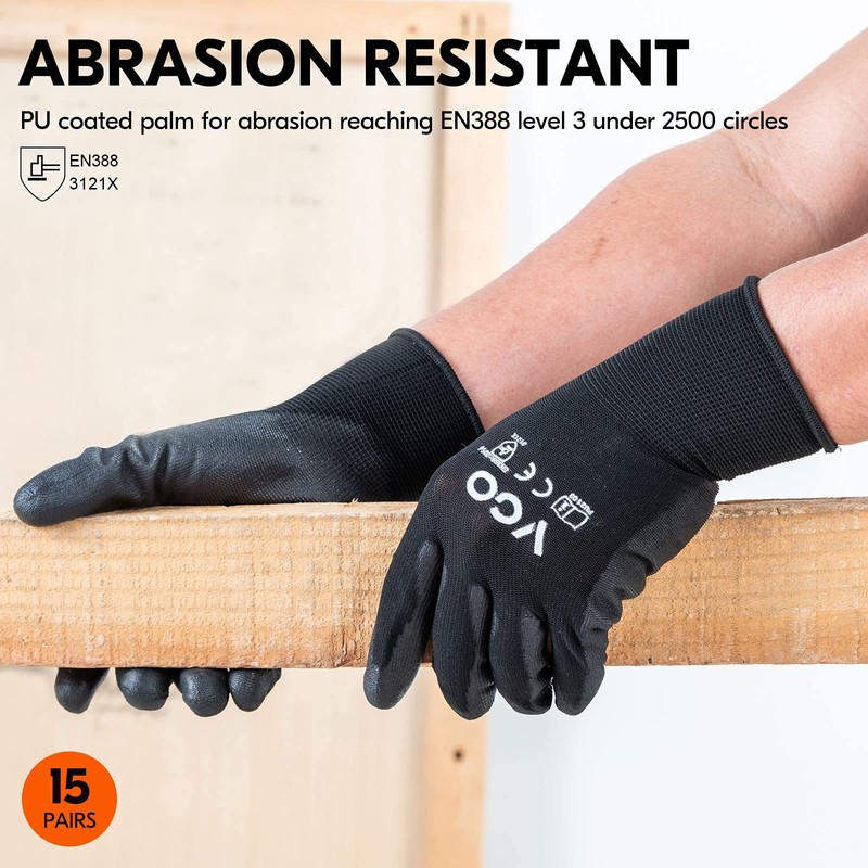Vgo... 15Pairs Safety Work Gloves,Gardening Gloves,Polyurethane Coated,Dipping Gloves,Latex Free(Size M,Black,PU2103)