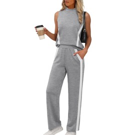 XIEERDUO Lounge Sets for Women Trendy 2 Piece Summer Outfits Beach Vacation Clothes Luxury Fashion Matching Set Travel Mock Neck Wide Leg Pants Grey M