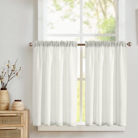 TOPICK Net Curtain, Bistro Curtain, Sheer Curtain with Waffle Pattern, Thick Privacy Window Curtain for Small Windows, Kitchen, Living Room, Country House, Set of 2, 90 W x 60 H (cm) Beige