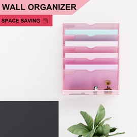 GDINDINFAN Hanging Wall File Organizer 6 Tier Wall Mounted Mail Paper Folder Holder Document Organization Stand, Vertical Desk Magazine Rack for Office Home Cubicle Countertop, Pink
