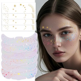 Prreal 10PCS Glitter Freckles Face Tattoo, Star Gold Freckle Tattoos Face Stickers Glitter Metallic Multichrome Holographic Freckles Sticker Waterproof, Temporary Tattoos Festival Makeup Accessories