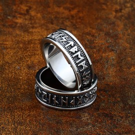 BAVIPOWER Viking Stainless Steel Rune Nordic Ancient Ring for Men Women Amulet Talisman Pagan Jewelry Great Protection (Silver Rune, 13)