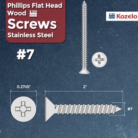 Kozelo 50pcs Phillips Flat Head Wood Screws - [#7x2"] 304 Stainless Steel Countersunk Self Tapping Screws for Furniture Assembly, Interior Trim, Outdoor Construction, Silver
