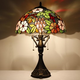 AVIVADIRECT Tiffany Table Lamp 24 Inch High Antique Stained Glass Green Purple Grape Desk Reading Light Wide 16 Inch for Bedroom Living Room Home Office