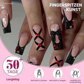 Noerrors Mittellange falsche Nägel, 34 Stück Goth Black French Tip Press on Nägel mit Bow Charm Pearl Squoval Designs, 3D Cute Red Gems Fake Nails, Glossy Dark Style Fake Nails