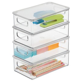 mDesign Plastic Storage Bin Box Container with Lid and Built-in Handles - Organization for Pens, Pencils, or Work Supplies in Home Office, Cabinet, or Desk Top, Ligne Collection - 4 Pack - Clear