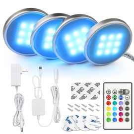 BASON LIGHTING RGB Under Cabinet Lighting, Remote Control Puck Lights, Wired Multi Color Changing, Dimmable, Adaptor Powered for Kitchen Cabinets Counter, Bookshelf, 4 Pack