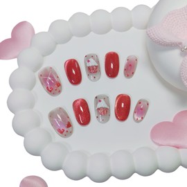 Short/Medium Oval Nails Handmade French Tip Press on Nails with Designs, Cat Eye/Aurora Women Reusable False Nails (Red Cat Eye, Medium)